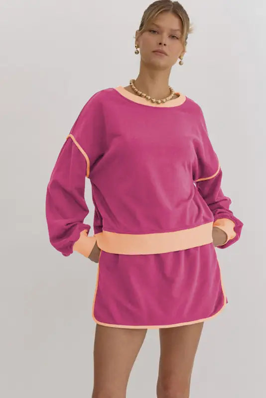 Rosy contrast pullover and skort set | fashionfitz