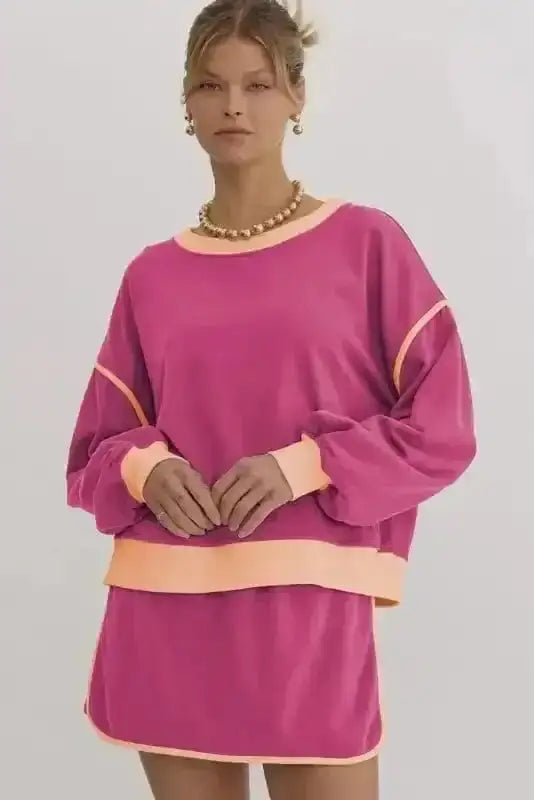 Two Piece Dresses Rosy Contrast Pullover and Skort Set