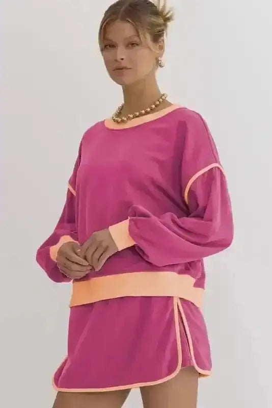 Two Piece Dresses Rosy Contrast Pullover and Skort Set