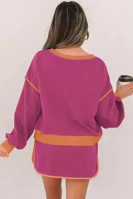 Two Piece Dresses Rosy Contrast Pullover and Skort Set
