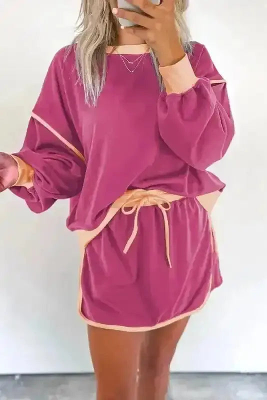 Two Piece Dresses Rose Red / S / 65%Polyester+35%Cotton Rosy Contrast Pullover and Skort Set