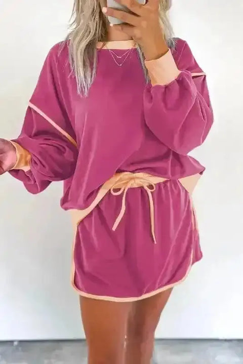 Two Piece Dresses Rose Red / S / 65%Polyester+35%Cotton Rosy Contrast Pullover and Skort Set