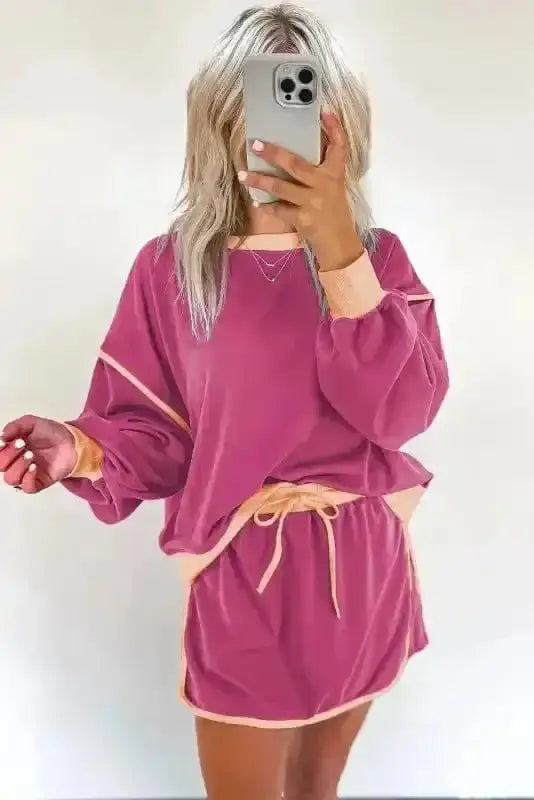 Two Piece Dresses Rosy Contrast Pullover and Skort Set
