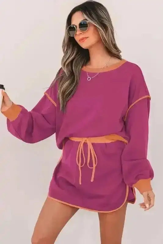 Two Piece Dresses Rosy Contrast Pullover and Skort Set