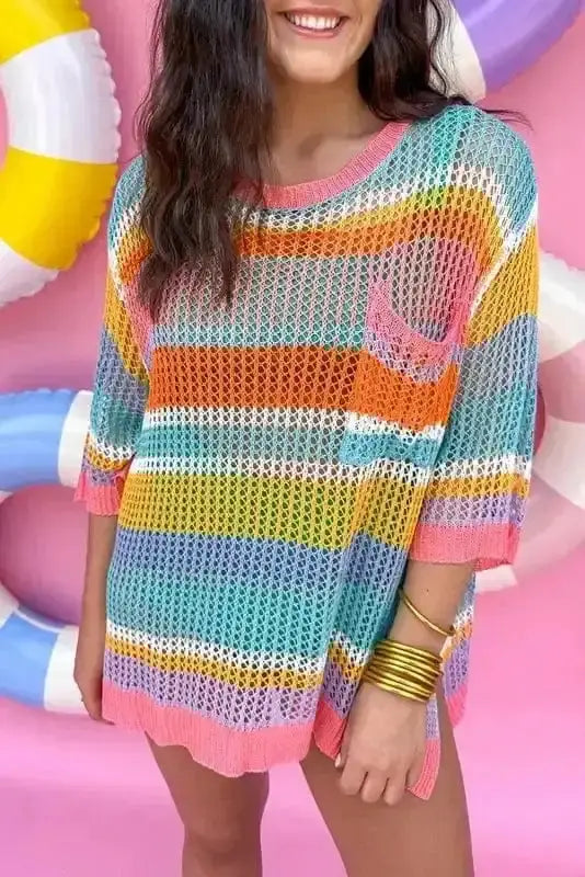 Pink stripe rosy ribbons crochet sweater front view — Fashionfitz UK
