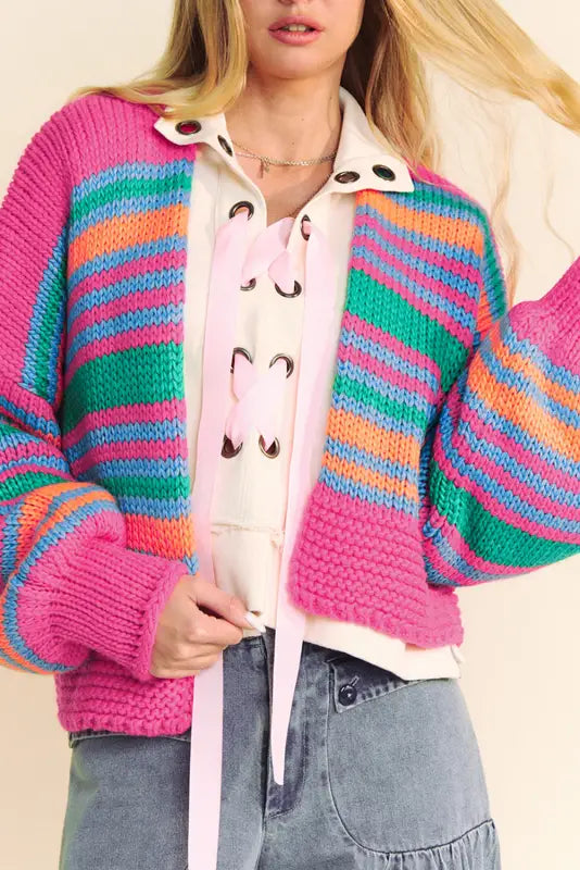 Rosystripes puff sleeve cardigan - vibrant & cozy