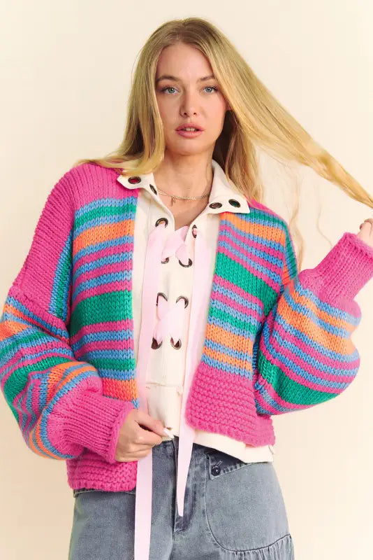 Rosystripes puff sleeve cardigan - vibrant & cozy