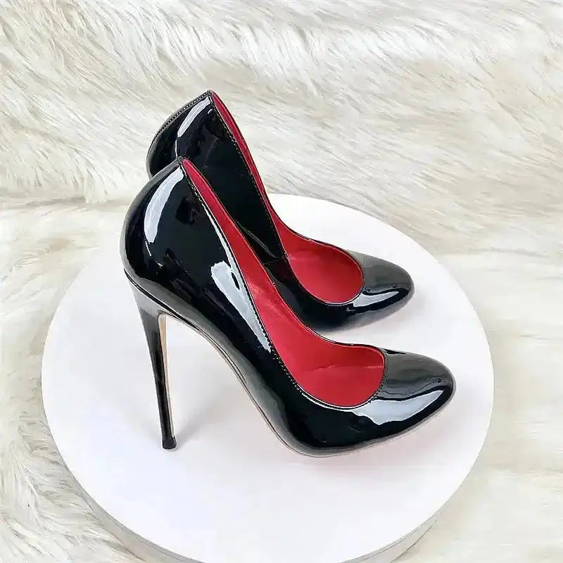 Round Head Lacquer Leather High Heels Shoes - Fashionfitz