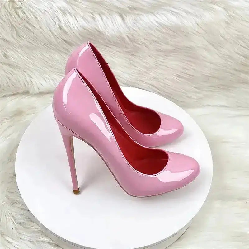 Round Head Lacquer Leather High Heels Shoes - Fashionfitz