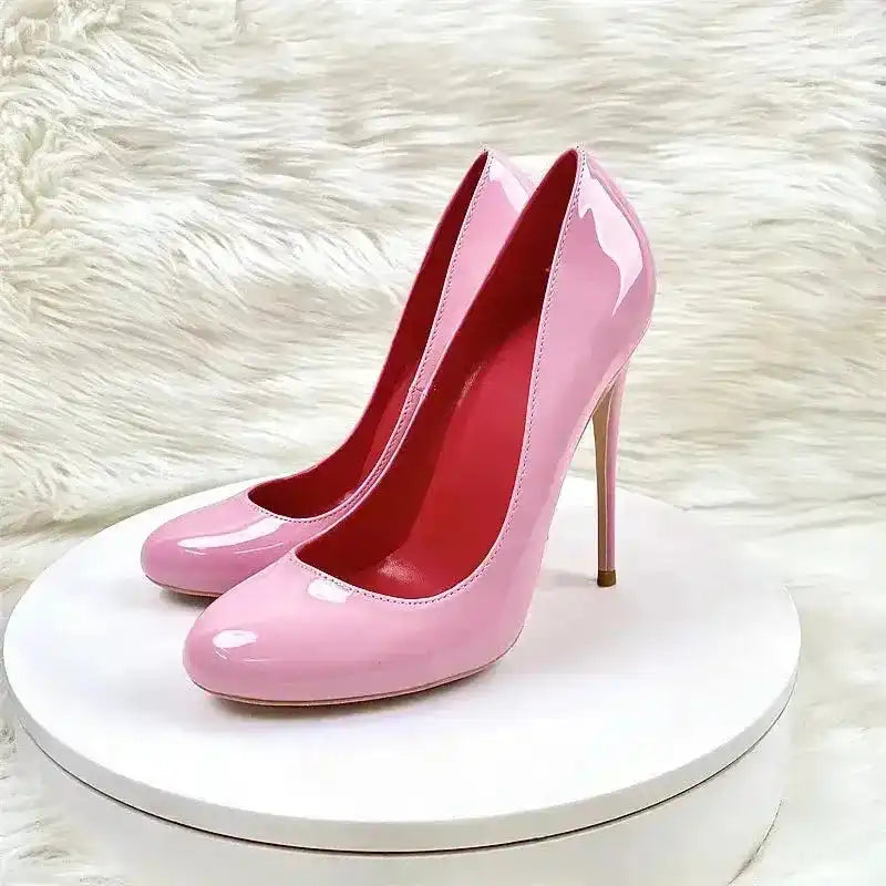 Round Head Lacquer Leather High Heels Shoes - Fashionfitz