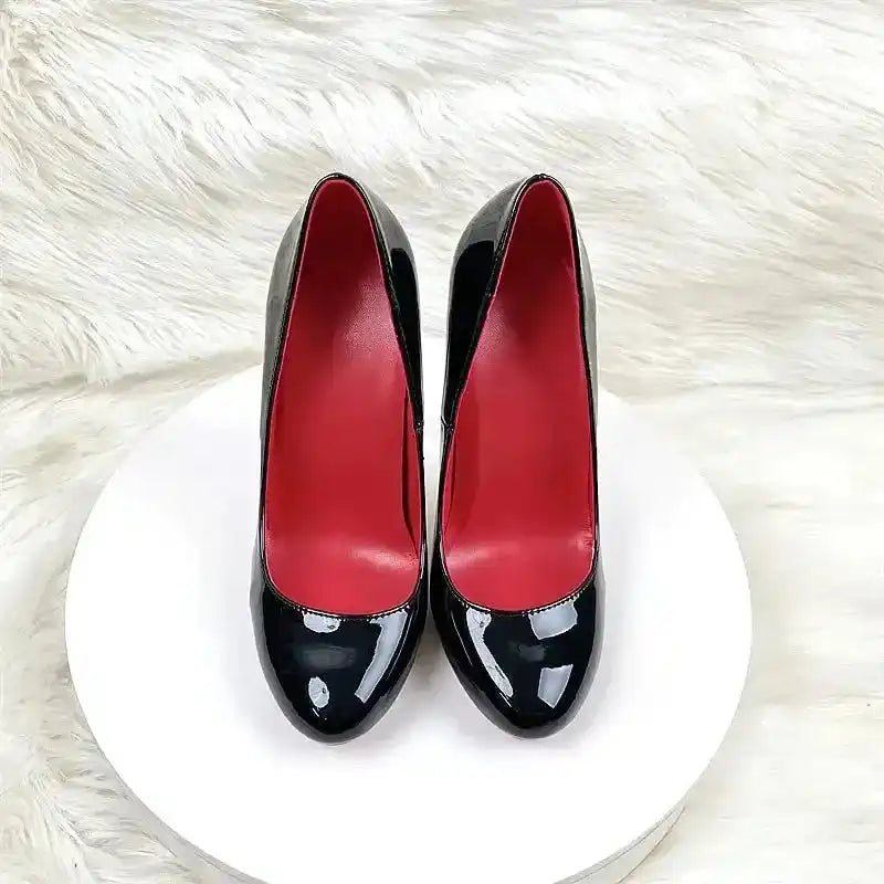 Round Head Lacquer Leather High Heels Shoes - Fashionfitz