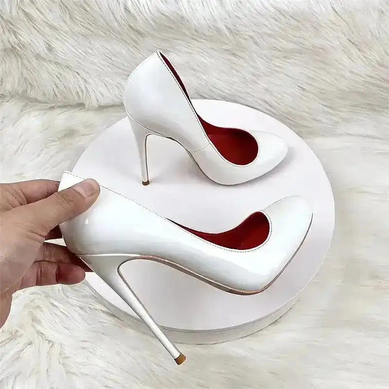 Round Head Lacquer Leather High Heels Shoes - Fashionfitz