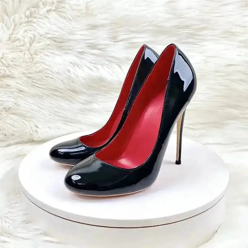 Round Head Lacquer Leather High Heels Shoes - Fashionfitz
