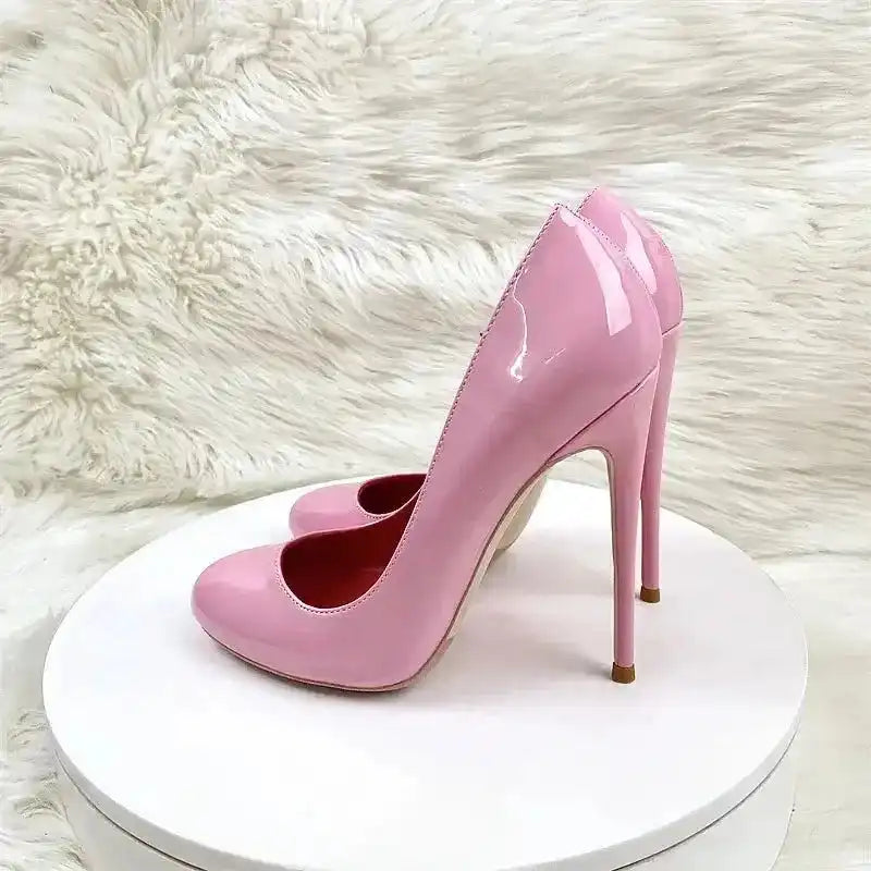 Round Head Lacquer Leather High Heels Shoes - Fashionfitz
