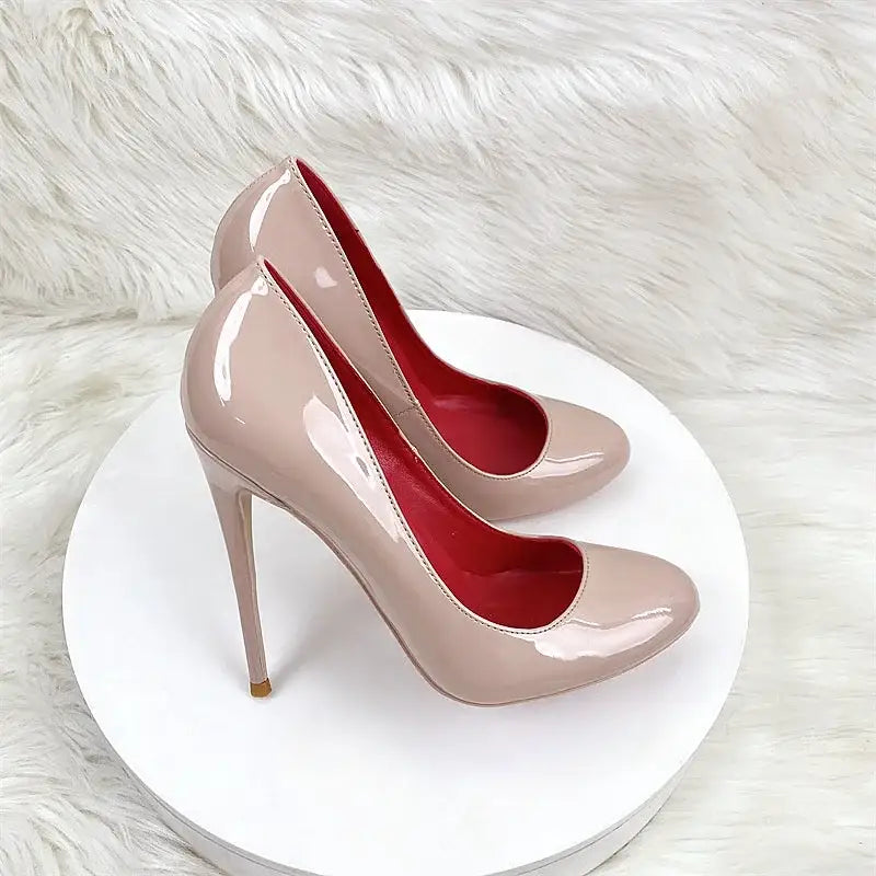 Round head lacquer leather high heels shoes - pumps