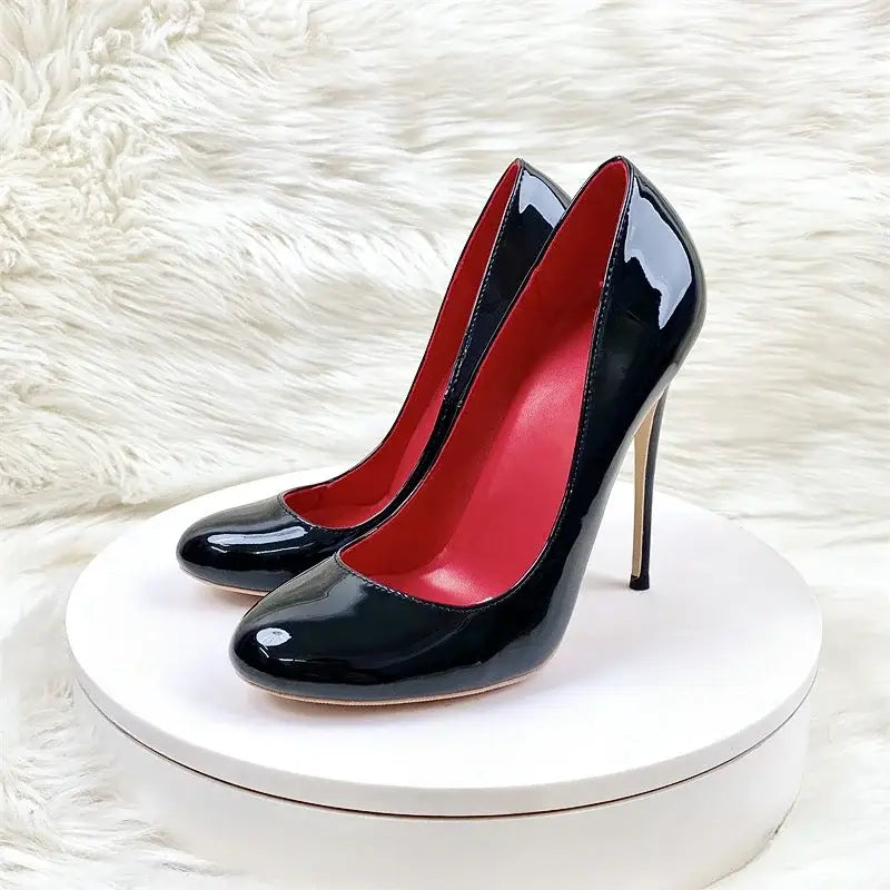 Round head lacquer leather high heels shoes - black 8cm / 34 - pumps