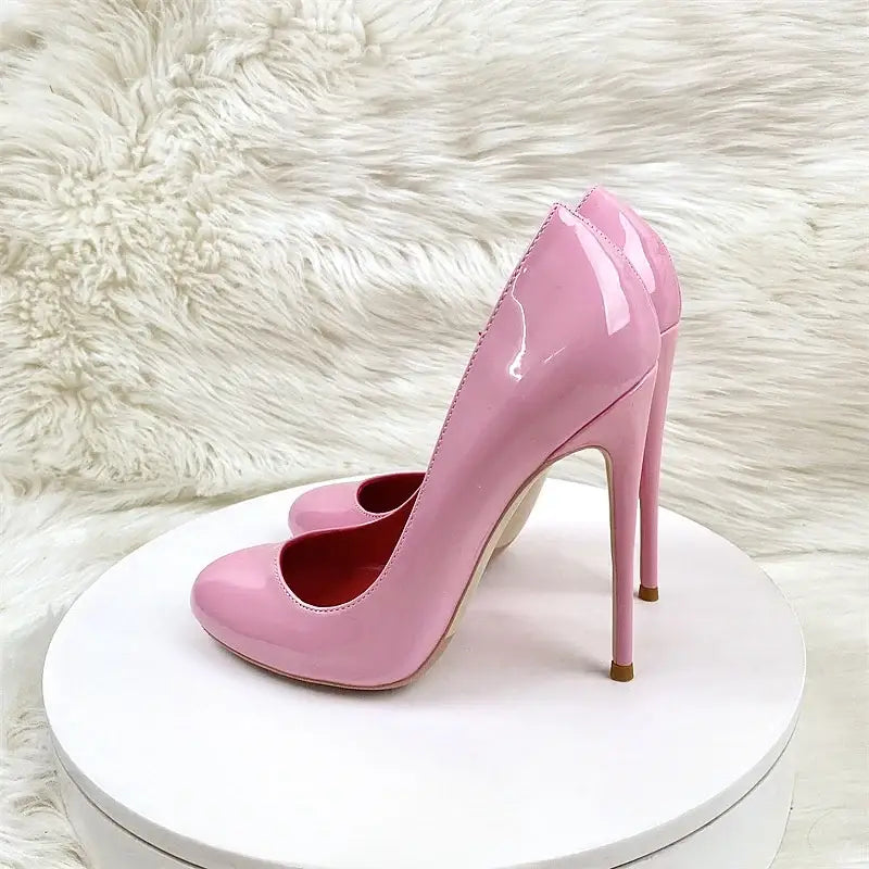 Round head lacquer leather high heels shoes - pink 12cm / 34 - pumps