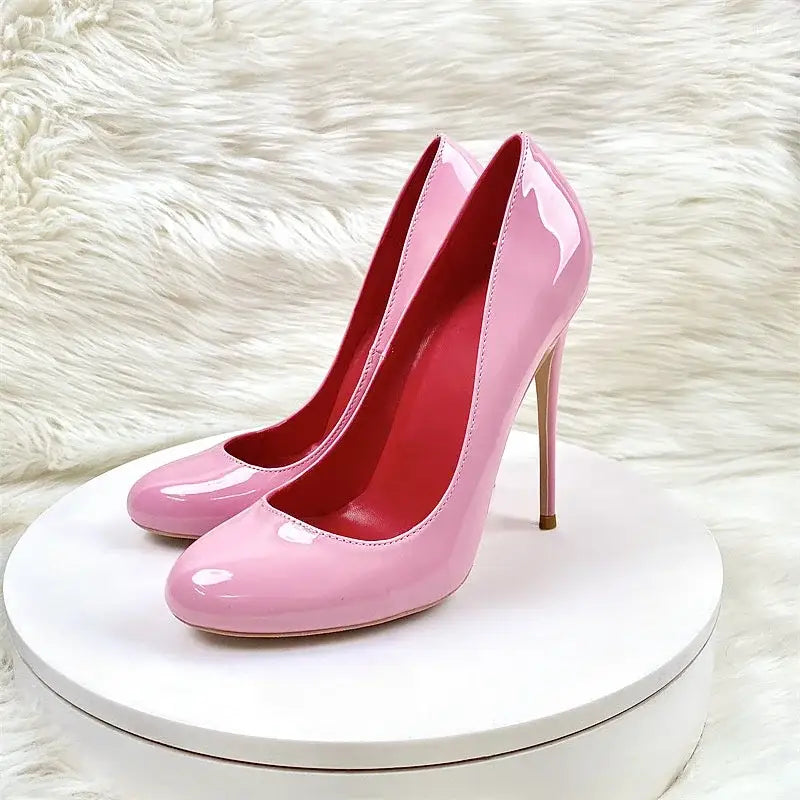 Round head lacquer leather high heels shoes - pink 8cm / 34 - pumps