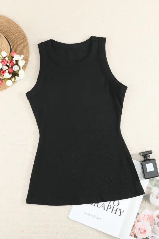 Solid black round neck ribbed tank top - tops