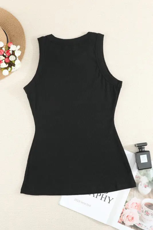 Solid black round neck ribbed tank top - tops