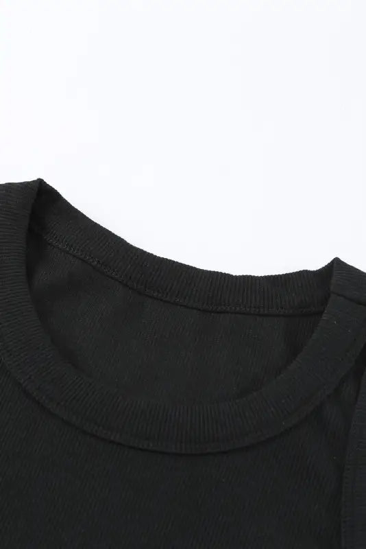 Solid black round neck ribbed tank top - tops