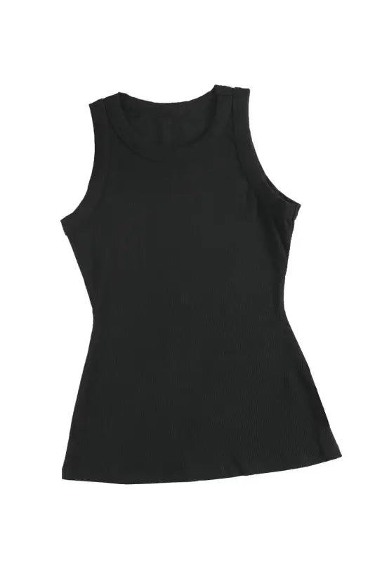 Solid black round neck ribbed tank top - tops