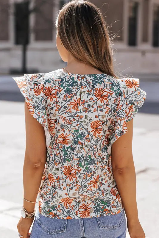 Round neck ruffled flutter sleeve floral mini dress - dresses