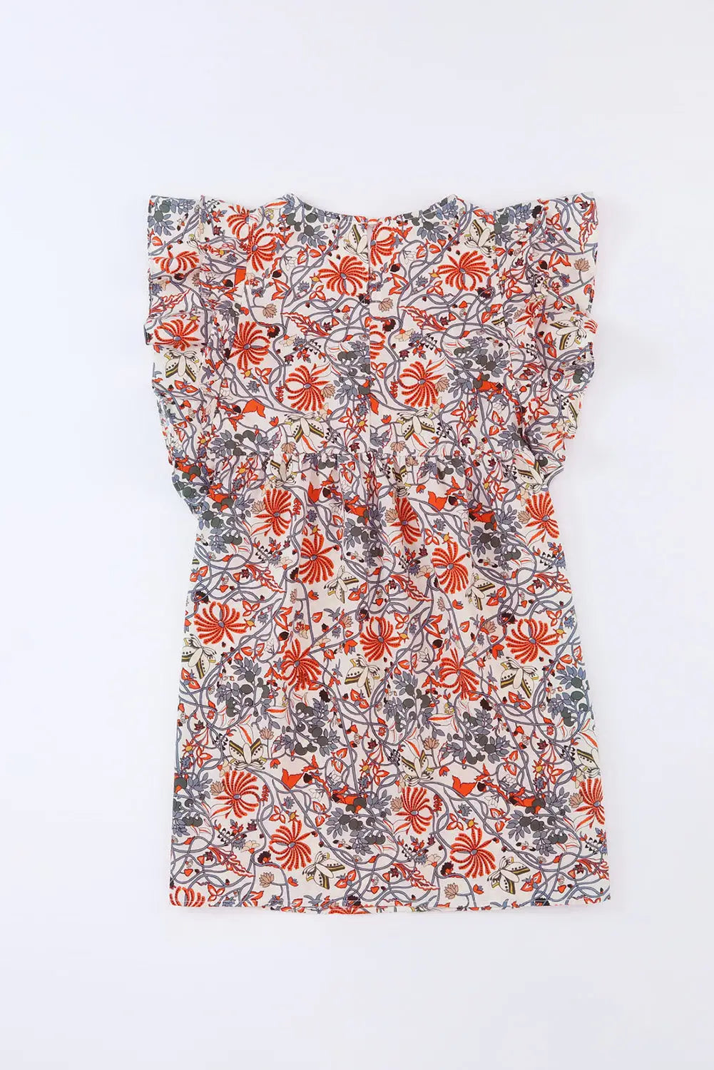 Round neck ruffled flutter sleeve floral mini dress - dresses