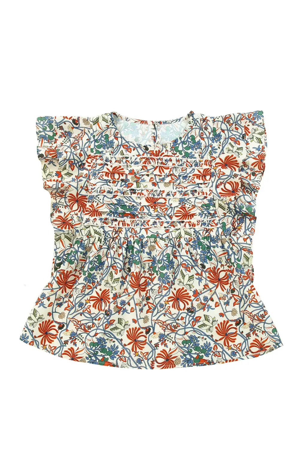 Round neck ruffled flutter sleeve floral mini dress - dresses