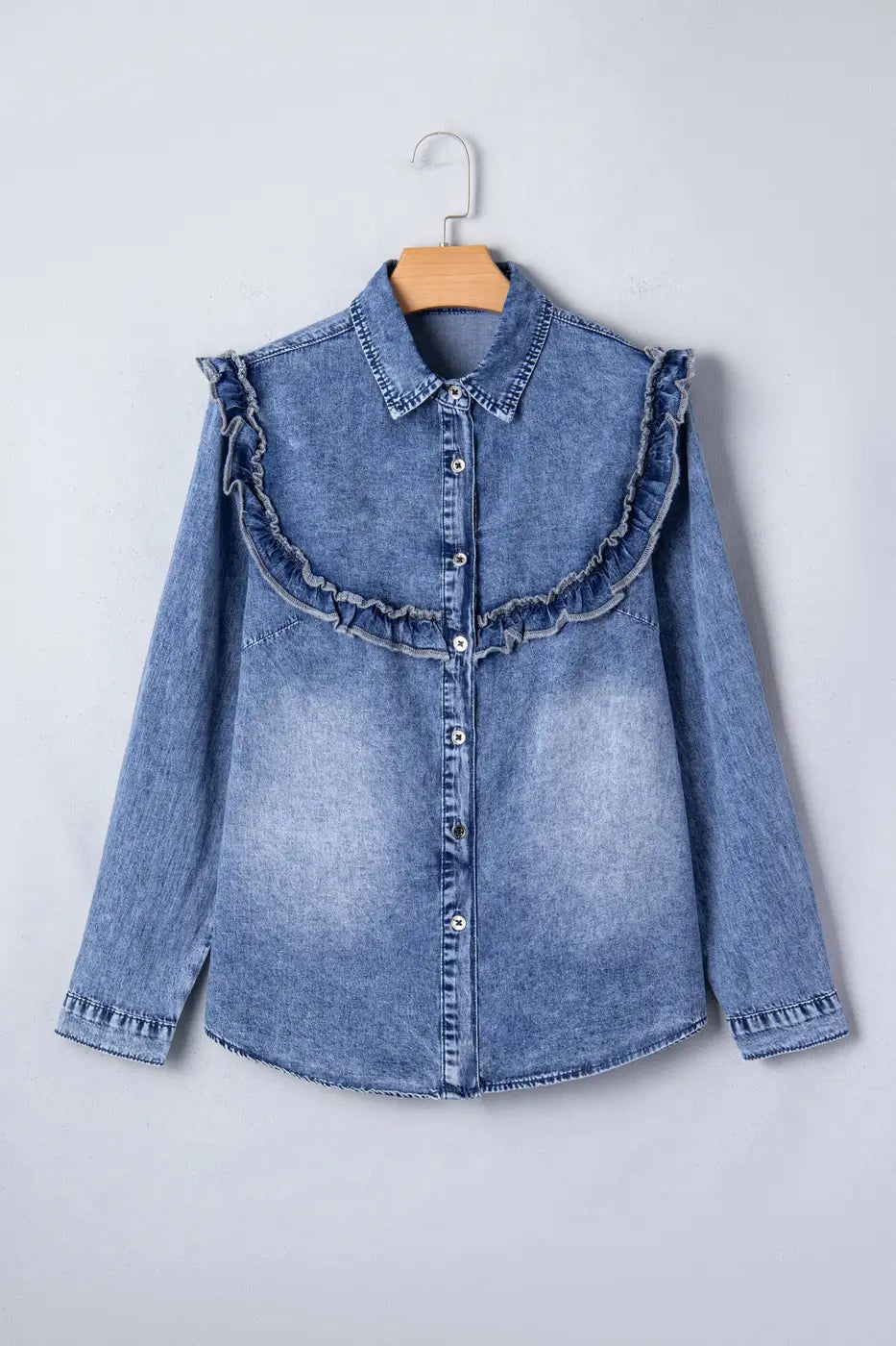 Ruffle denim shirt women | vintage blue western top