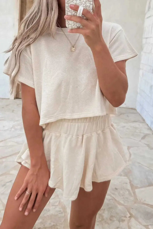 Beige polished ruffle skort co-ord set front view — Fashionfitz UK