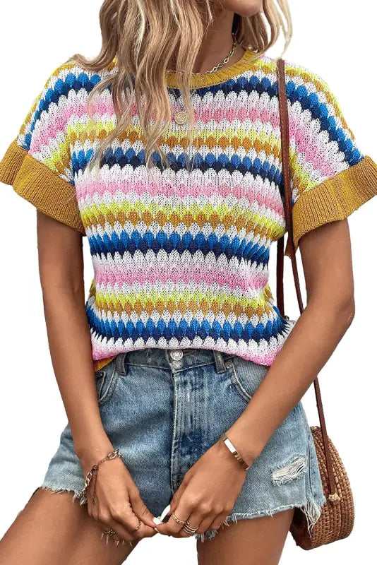 Ruffle sleeve colorful textured sweater - tops/sweaters & cardigans