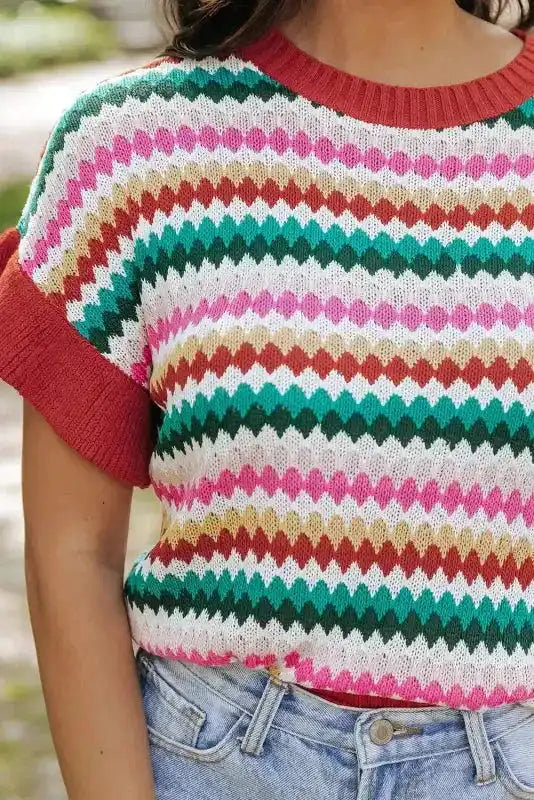 Ruffle Sleeve Colorful Textured Sweater - Fashionfitz