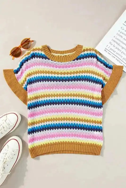 Ruffle Sleeve Colorful Textured Sweater - Fashionfitz