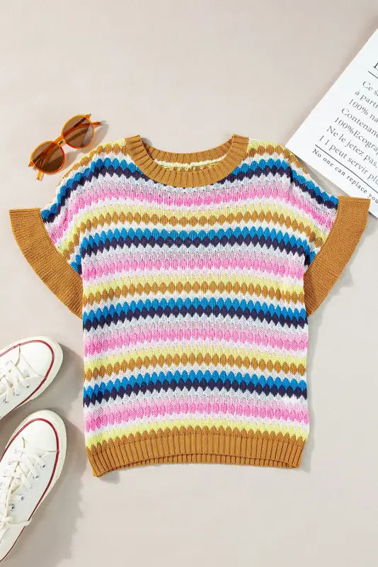 Ruffle sleeve colorful textured sweater - tops/sweaters & cardigans