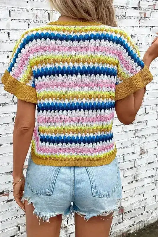 Ruffle Sleeve Colorful Textured Sweater - Fashionfitz