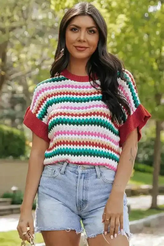 Colourful ruffle sleeve textured crew neck sweater front view — Fashionfitz UK