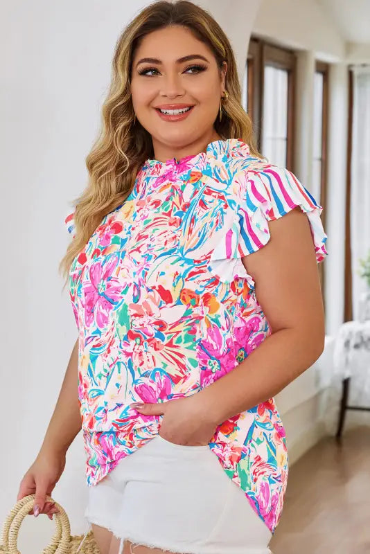 Ruffle sleeve floral blouse - plus size blouses