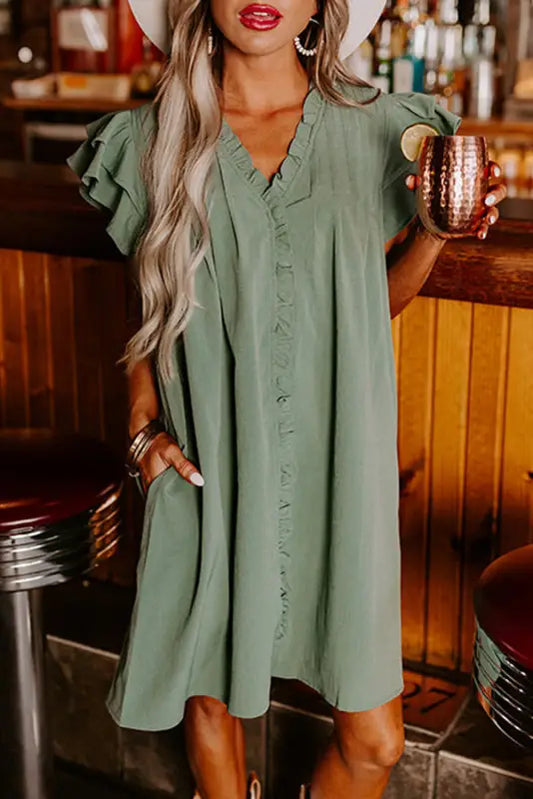 Ruffle sleeve frilled shift dress - mist green / s / 100% polyester - dresses/mini dresses