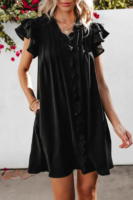 Ruffle sleeve frilled shift dress - black / s / 100% polyester - dresses/mini dresses