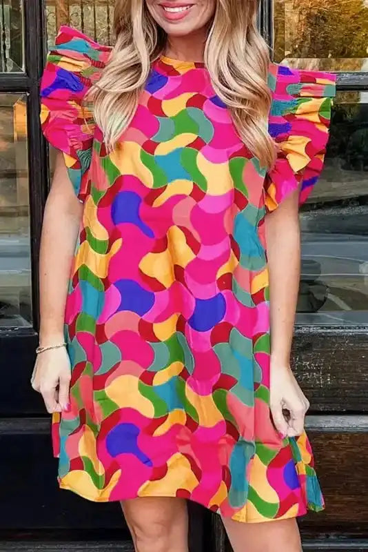 Ruffle Sleeve Shift Dress - Rose Red Abstract Print - Fashionfitz