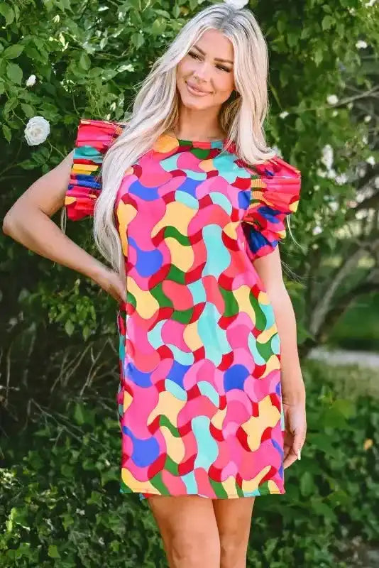 Ruffle Sleeve Shift Dress - Rose Red Abstract Print - Fashionfitz