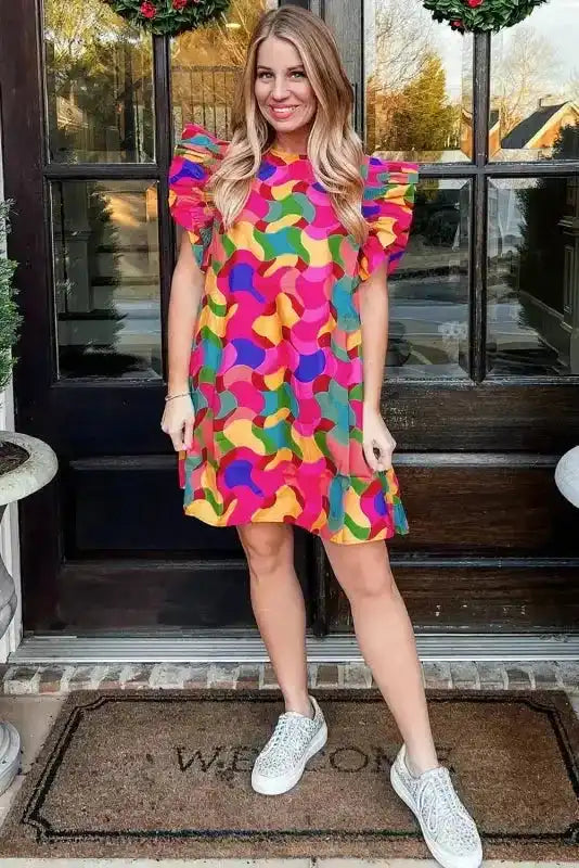 Ruffle Sleeve Shift Dress - Rose Red Abstract Print - Fashionfitz
