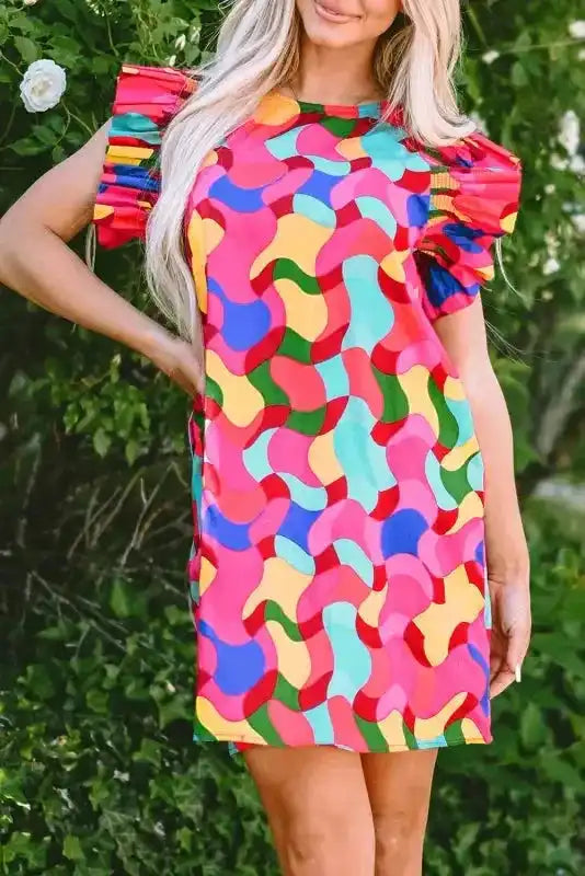 Ruffle Sleeve Shift Dress - Rose Red Abstract Print - Fashionfitz