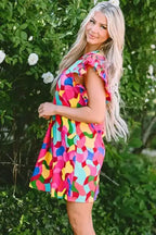 Ruffle Sleeve Shift Dress - Rose Red Abstract Print - Fashionfitz