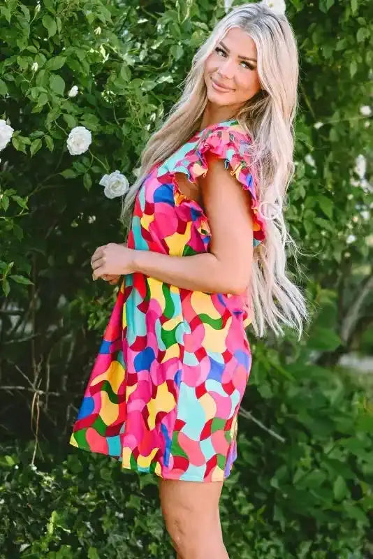Ruffle Sleeve Shift Dress - Rose Red Abstract Print - Fashionfitz