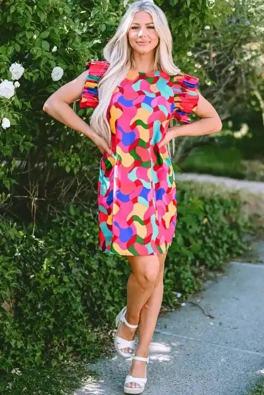 Ruffle Sleeve Shift Dress - Rose Red Abstract Print - Fashionfitz