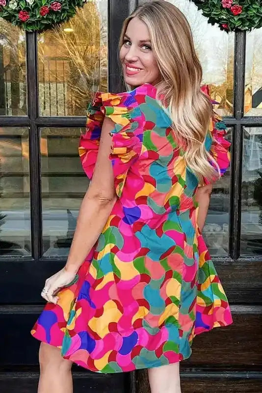 Ruffle Sleeve Shift Dress - Rose Red Abstract Print - Fashionfitz