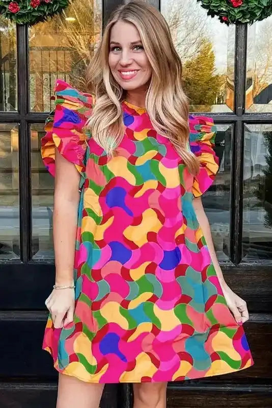 Ruffle Sleeve Shift Dress - Rose Red Abstract Print - Fashionfitz