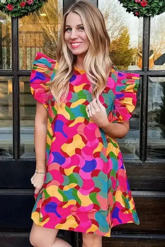Ruffle Sleeve Shift Dress - Rose Red Abstract Print - Fashionfitz
